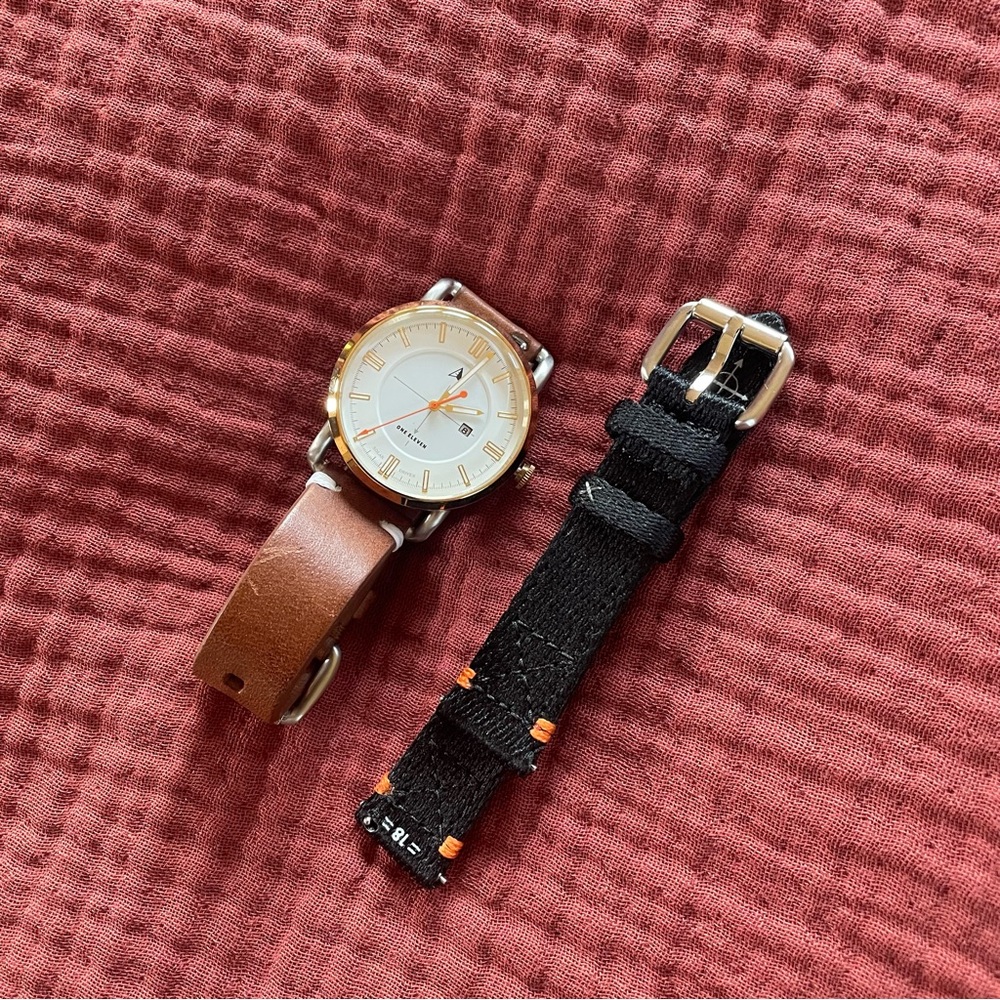 One Eleven men’s SW1 stainless steel watch with brown leather and black strap